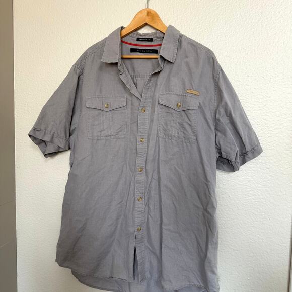 Sean John Mens Button Shirt Linen Cotton Beige 2XL Short Sleeve Front Pockets - Picture 2 of 5